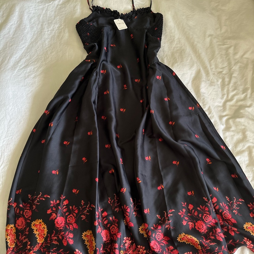 Free People black satin red floral dress NWT